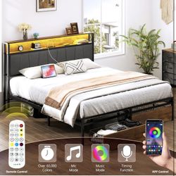 King Size Bed Frame With Charging Station And LED Lights