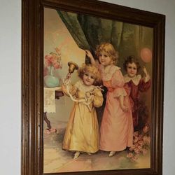 VINTAGE VICTORIAN WOOD FRAME 25" GIRL BOY BUBBLES PAINTING GERMANY LITHOGRAPH PICTURE ART DECOR