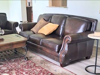 Dark Brown Leather Loveseat with Nailhead Trim