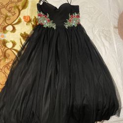 Size 13 Blondie Nites Full Length Black Gown with Floral and Rhinestone Embellishments