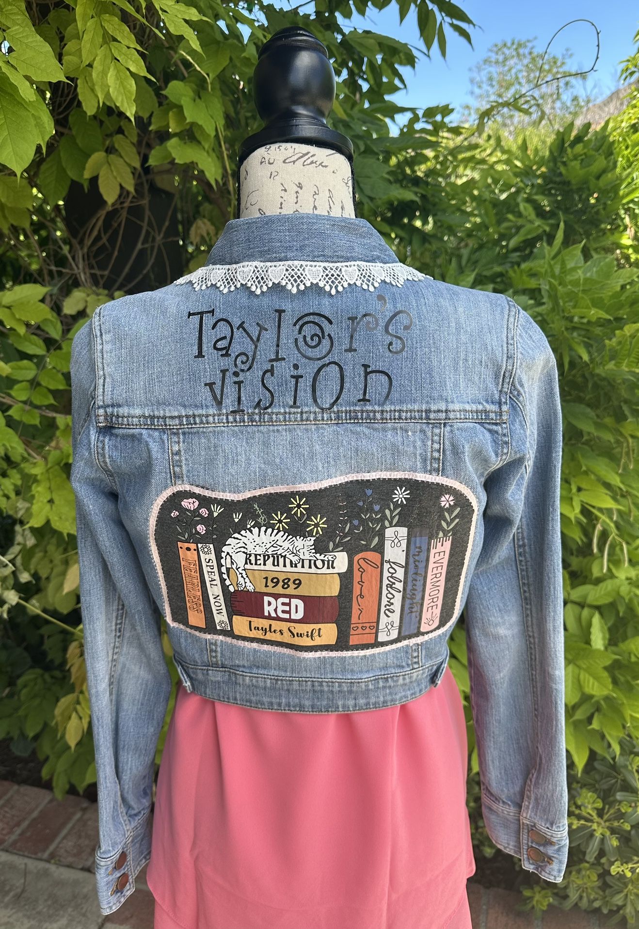 Taylor Swift Custom Denim Jean Jacket with Lace Collar-Woman’s Medium
