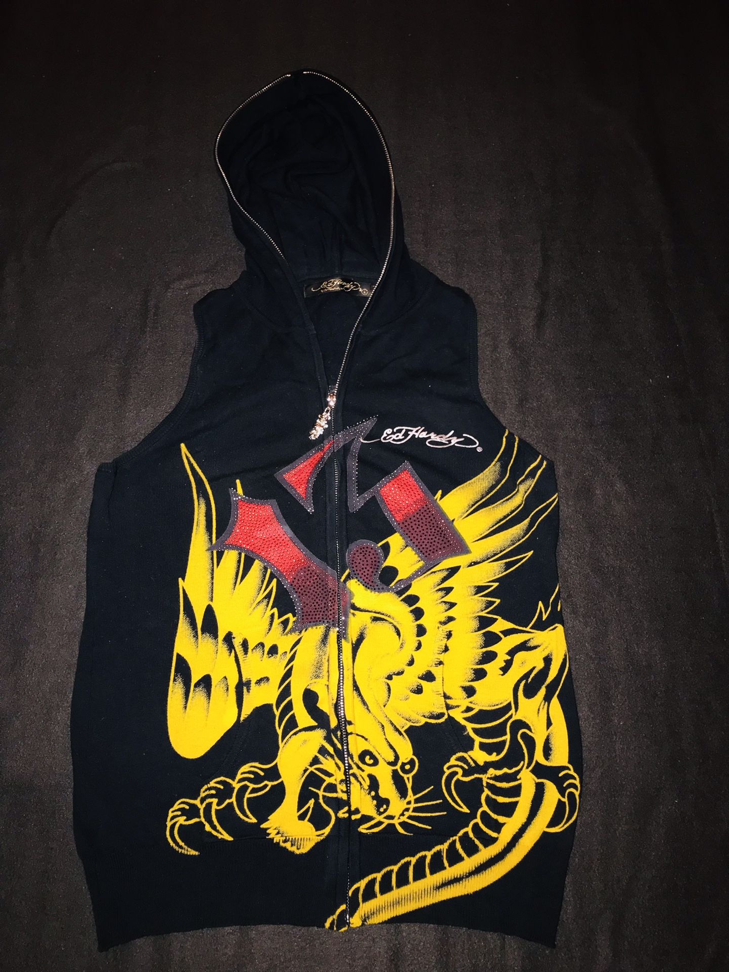 Women’s Ed Hardy By Christian Audigier + Don Ed Hardy Designs Black Sleeveless Full-Zip With Hoodie Sweater Vest In Size Large