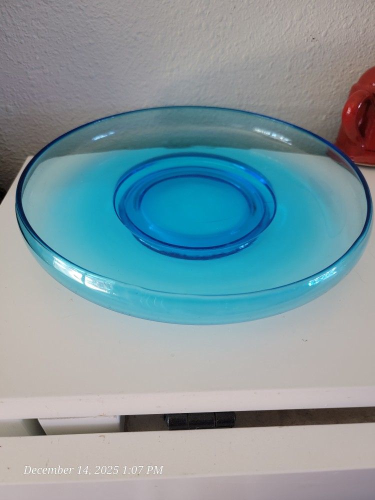 Vintage Pedestal Serving Bowl Hazel Atlas Capri Blue.