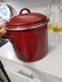 Large Red Speckled Enamel Stock Pot with Lid