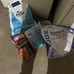 asst. pool salt, charcoal, ph balance pool tabs and ice melt salt