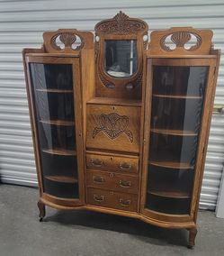 Rare Oak Double Curved Glass Door Secretary China Hutch Cabinet