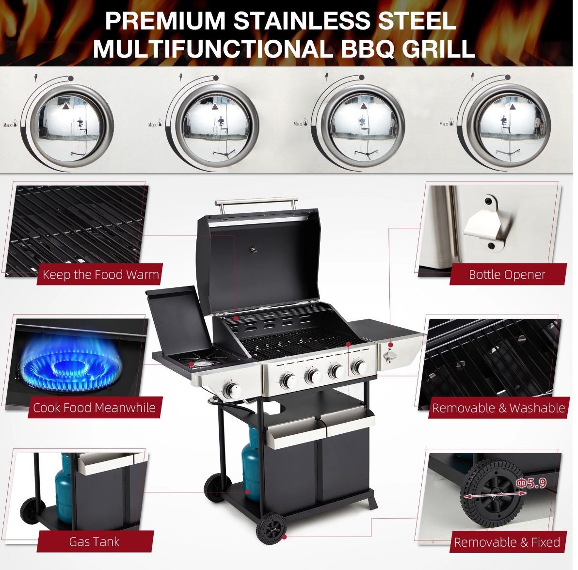 Erinnyees 3-Burner Propane Gas Grill Stainless Steel with Side Burner, Outdoor Cooking BBQ Grills Cabinet