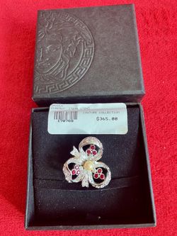 VERSACE PEARL RED STONE SILVER TONE BROOCH PIN Italy SHAMROCK BOW RIBBON ** The ONLY 1 You Can Find ** STORE CLOSING ... more Items Will Be Added