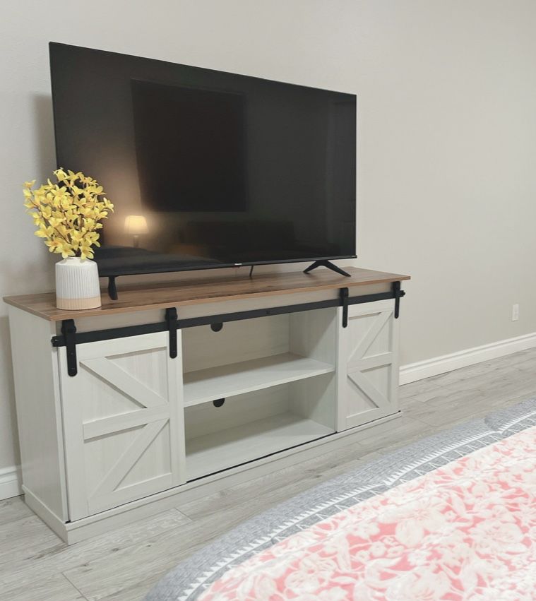 New TV Stand Sliding Barn Door Farmhouse, Storage Cabinet Table Living Room with Adjustable Shelves for TVs Up to 65" white New in box T TS101WM 【Sli