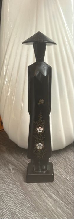 Statue from Vietnam, Black wood, Albalone/ Mother of Pearl 12” Heigt