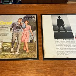 Vintage 1960’s Framed magazine ads Marlboro Country and Camel Cigarettes