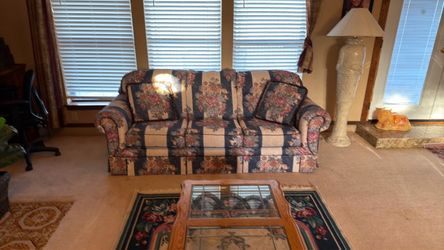 4-piece vintage 1970s floral living room set (sleeper couch, sofa, coffee table, & Rug)