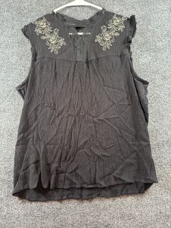 Women’s 1X Black Embroidered Floral Sleeveless Boho Blouse