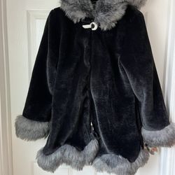 Black Faux Fur Luxurious Thick Winter Coat W/ Rhinestones Pockets