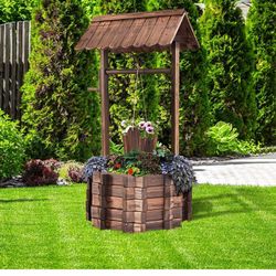 Giantex Rustic Wooden Wishing Well Planter with Hanging Bucket and Roof, Flower Plants Planter Wishing Wells for Outdoors Backyard Patio Garden Lawn O