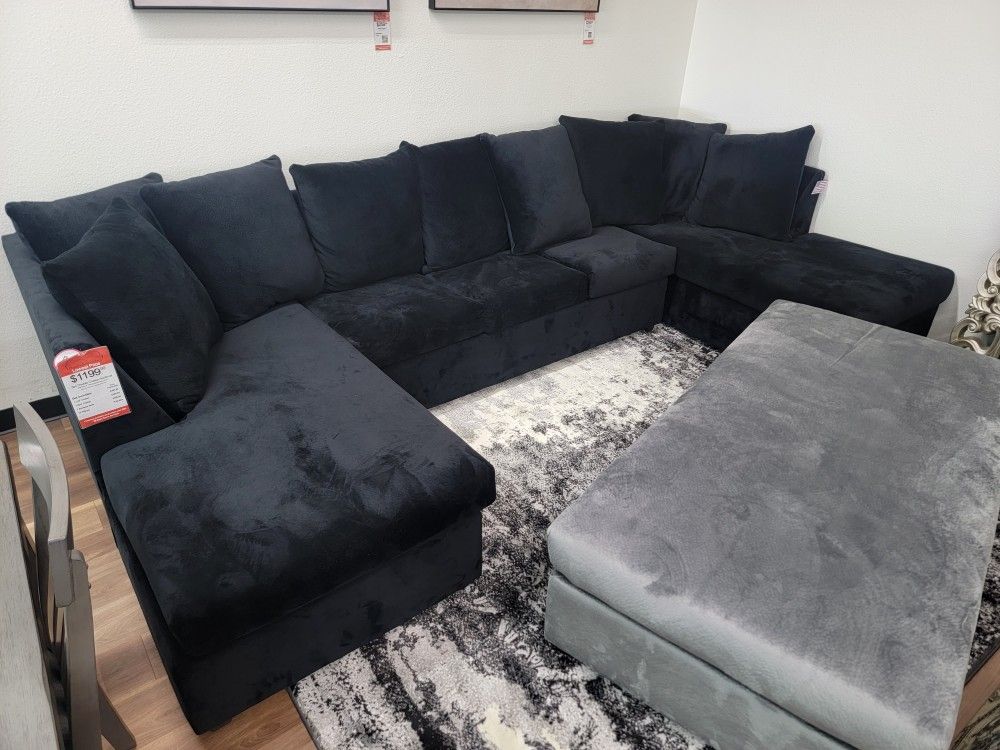 New 3pc Double Chaise Sectional In Soft Black Fabric 