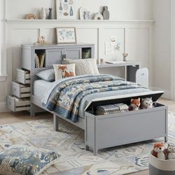 Frame Twin Bookcase Headboard w hidden desk and stool. Smoke Grey finish, New Especial price 