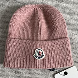 Moncler Logo Patch Adult Unisex Pink Ribbed Knit Beanie Hat NEW