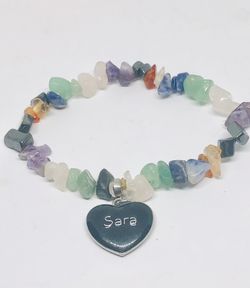Natural gemstone bracelet with heart charm in dark green engraved Sara