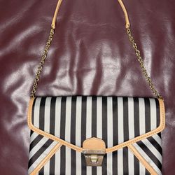 Henri Bendel Signature Brown Striped Satin Envelope Clutch with Chain Strap