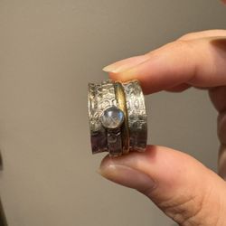 925 Sterling Silver Spinning Ring With Labradorite And Gold Band