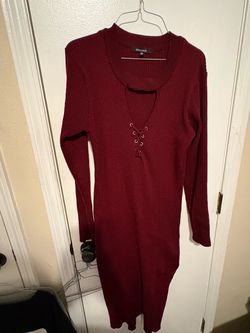 New Look Burgundy Ribbed Sweater Dress Lace Up Keyhole Choker Neck Long Sleeve Bodycon Midi Plus Size 3X