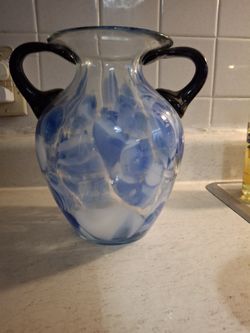  BEAUTIFUL  BLUE AND WHITE  SWIRLED HAND  BLOWN ART GLASS  WITH  COBALT BLUE  HANDLES 