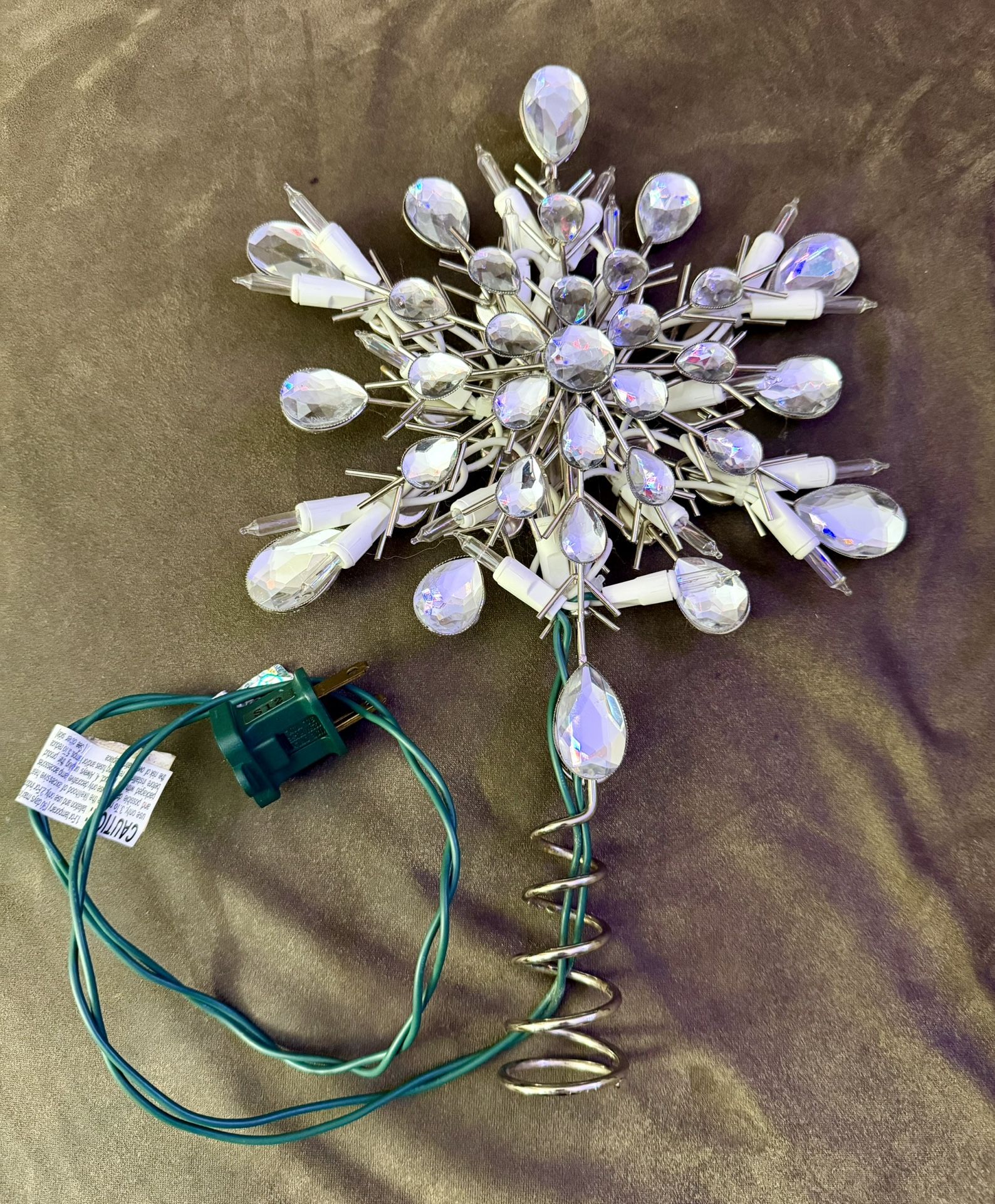 Silver Metal Christmas Lighted Jeweled Star Snowflake LED Tree Topper 2-Sided