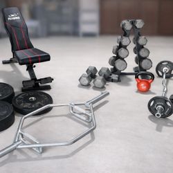 Complete Home Gym Set – Bench, Dumbbells, Plates, Trap Bar, EZ Curl & Kettlebell