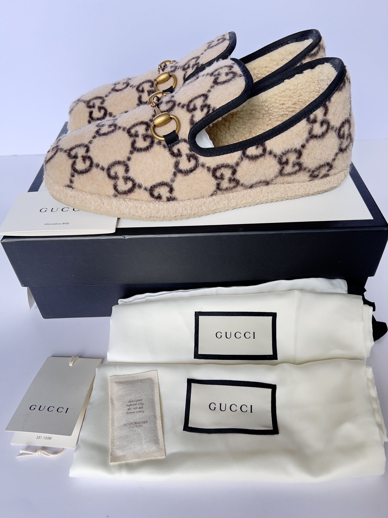 Gucci Beige and Brown Wool Slippers with GG Monogram Italian size 38.5 US 8