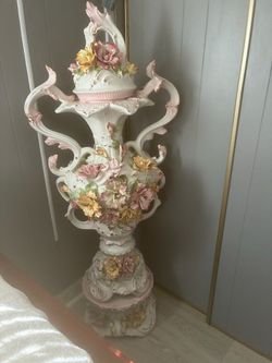 Vintage Large Porcelain Baroque Urn Vase with Floral Relief