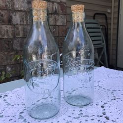 2 Green Glass Milk Bottles Circa 1990