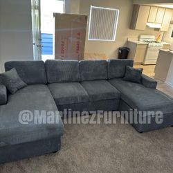 BRAND NEW DARK GREY DOUBLE CHAISE CORDUROY SECTIONAL SOFA COUCH (NEW IN BOXES)