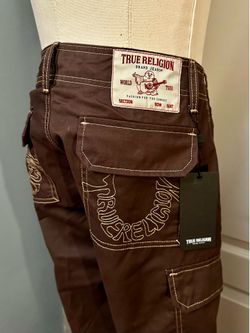 True Religion Men's Dark Brown Cotton Twill Cargo Pants Embroidered Logo Pockets Size 30