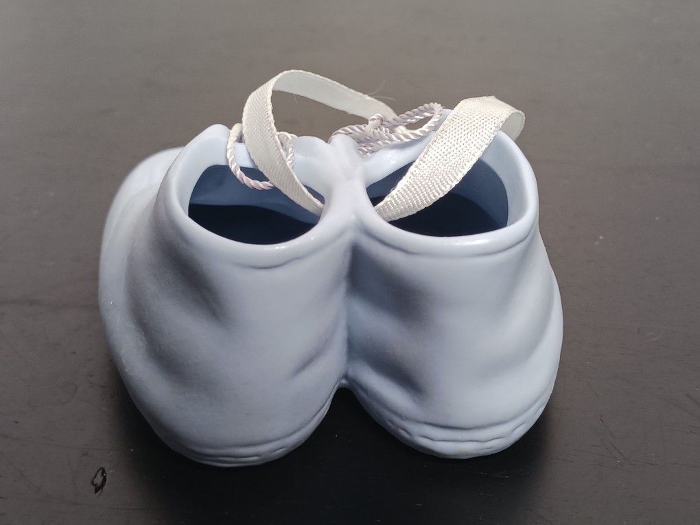 Vintage Christmas Tree Ornament Ceramic Baby Booties Shoes Blue 3" Ribbon Hanger
