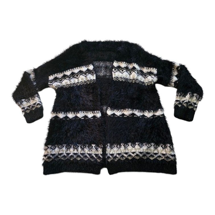 Sioni Open Front Cardigan Sz L Fluffy Striped Super Soft Fringe Fair Isle Style