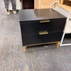 Black Nightstand with 2 Drawers and Golden Metal Legs, 17.9" H Wood Nightstand, Small Bedside Table, Modern End Table, Storage Cabinet with Metal Legs