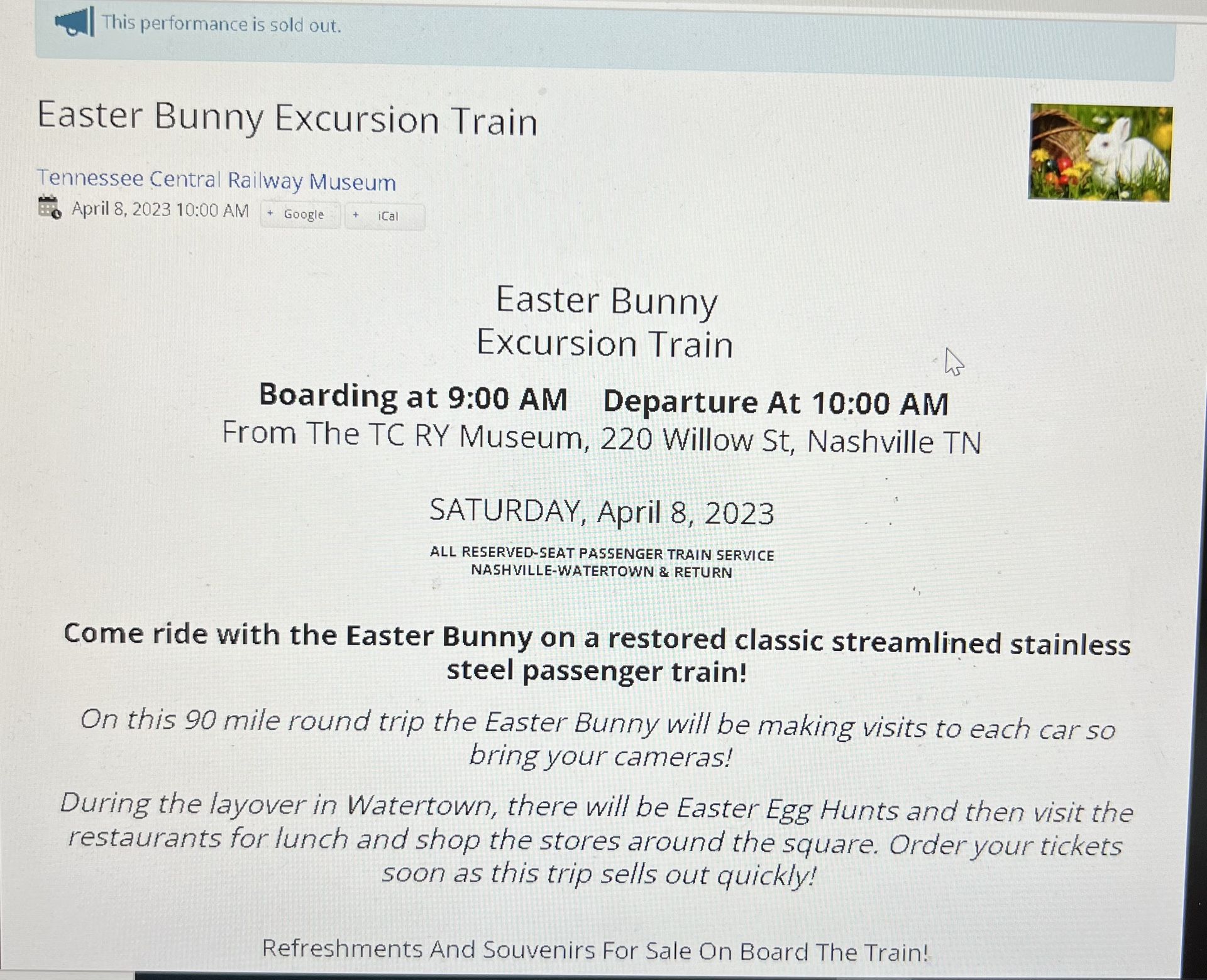 Easter Bunny Excursion Train Tickets (4 Tickets)