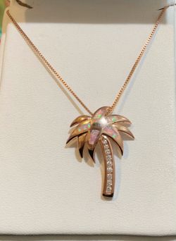 Opal palm tree rose silver pendant with chain