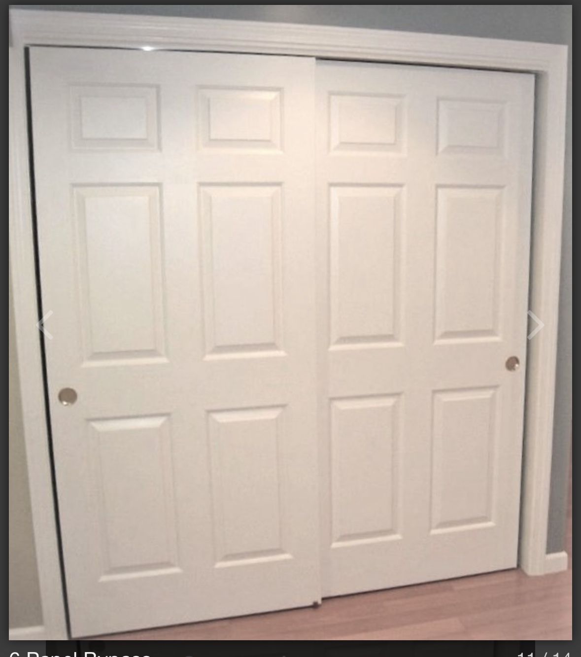 Pair of six panel white sliding closet doors. Still have the wheels on the top, one door has a knob handle and rubber bumper on the side I also have