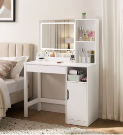 Vanity Table with Lighted Mirror and Storage, White Finish