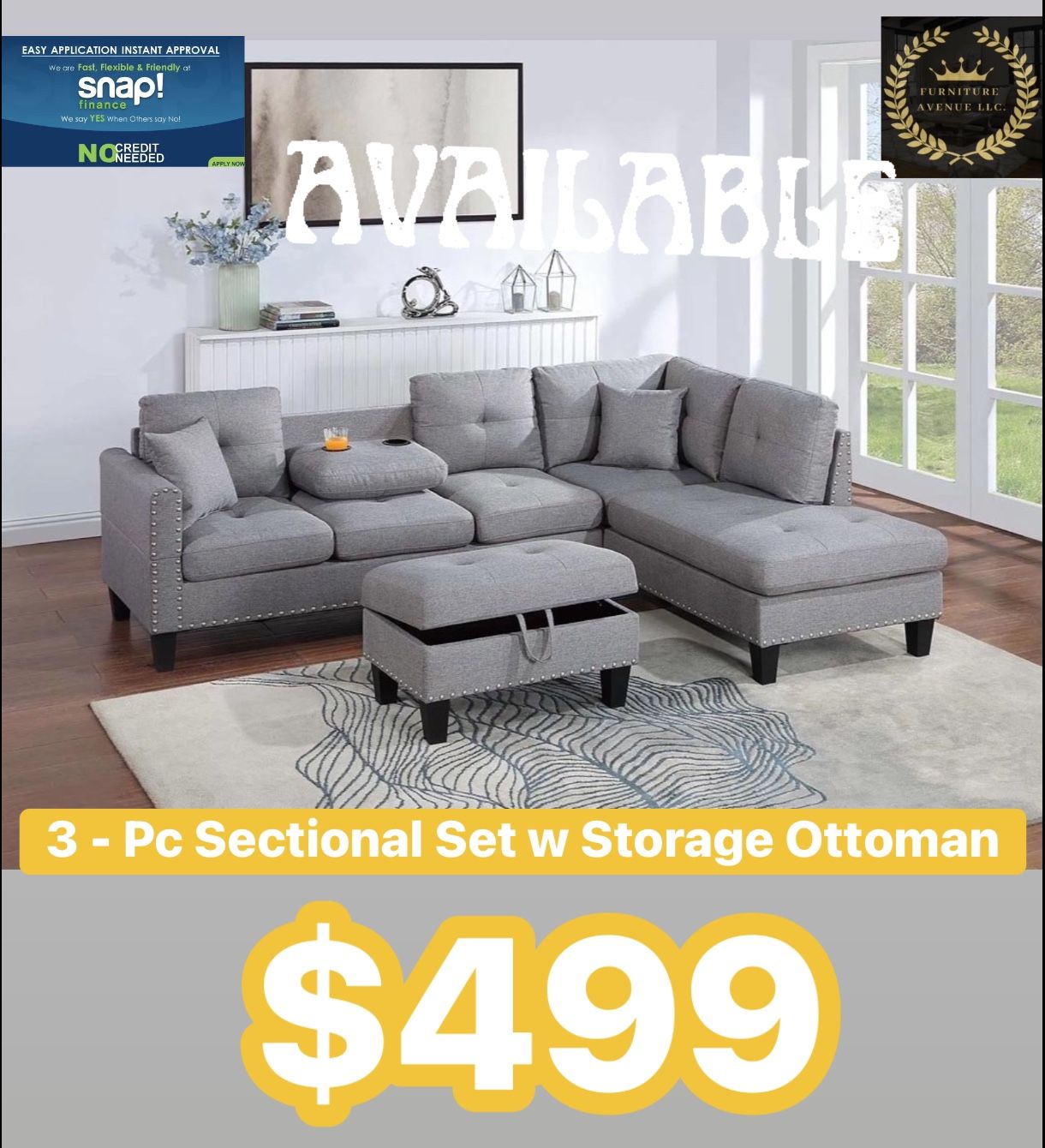 3 pc Sectional W Storage Ottoman