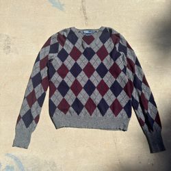 Polo Ralph Lauren grey & burgundy argyle v neck sweater Size XL but Fits like a Large