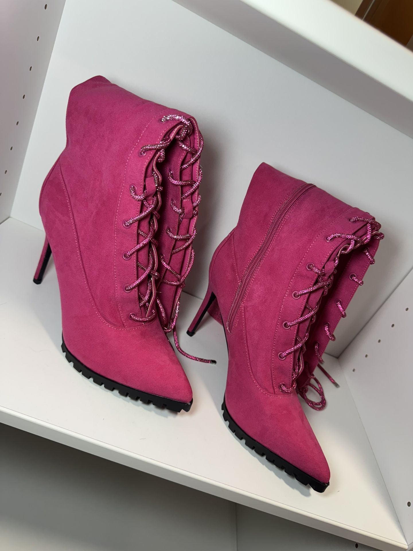 Hot Pink Lace-Up Knee High Boots - Size 11