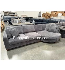 NEW Modern Dark Grey Sectional Sofa with LARGE CURVED CHAISE Set Big Discount SALE Warehouse Ashley Mathis Style Furniture Designer Gray Beige