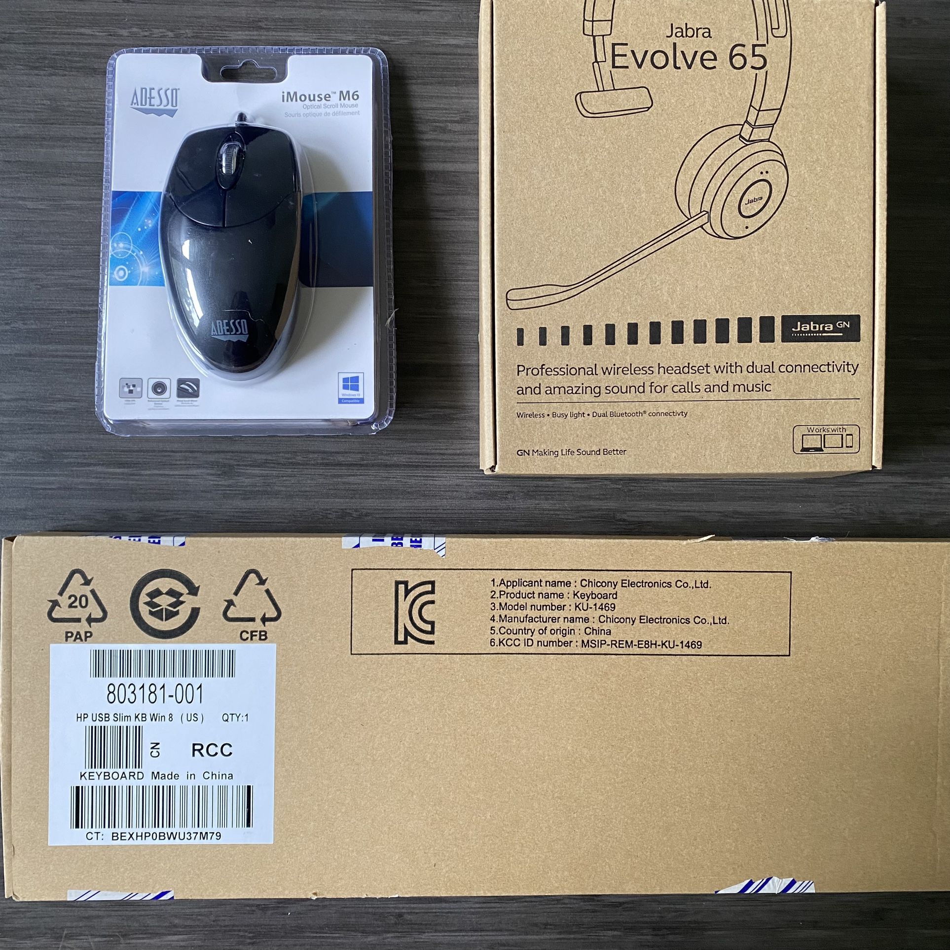 Jabra Evolve 65 Headset + HP Keyboard + Adesso Mouse Set