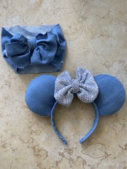 Mickey/Minnie Ears & Matching Baby Bow | Denim with Rhinestones & Sequins