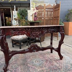Antique Solid Marble Top Wood Base Table 51 Wide 18 Deep 33 Tall