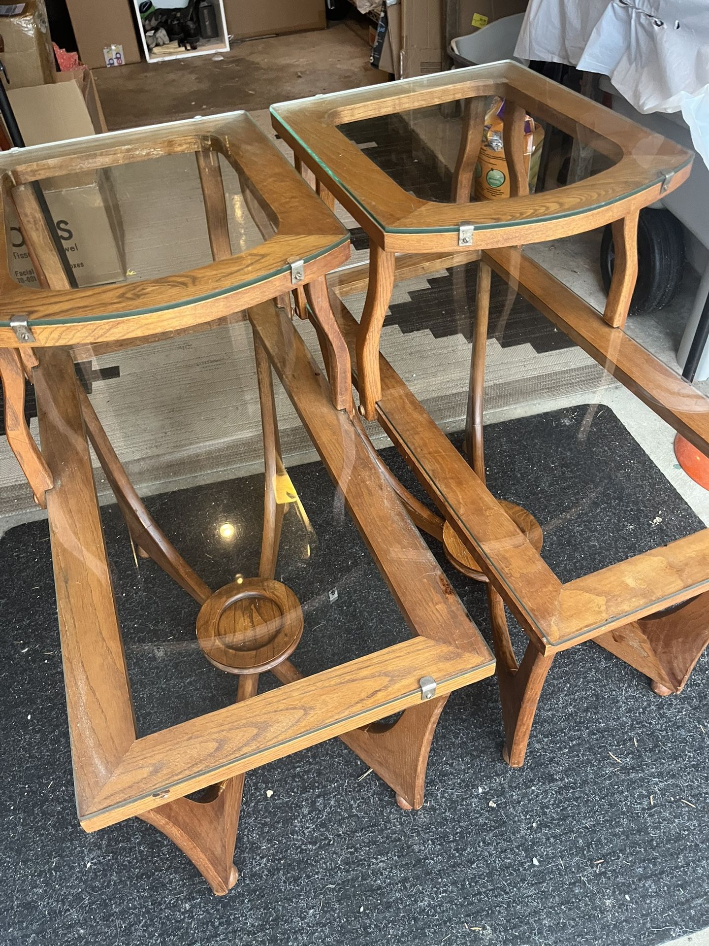 Mid-Century Atomic 2-Tier possibly teak, wood End Side Accent Tables and coffee Table set MCM Brown with glass tops  vintage mid century step-up wood 