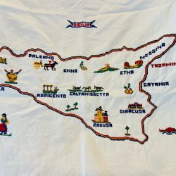Vintage Embroidered Sicily (Sicilia) Map Tablecloth w/ Fringe